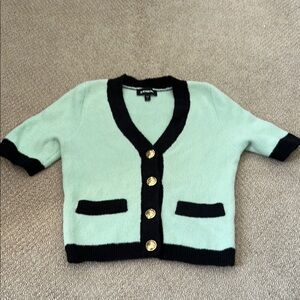 EXPRESS Mint Green Black Short Sleeve Cardigan Gold Buttons